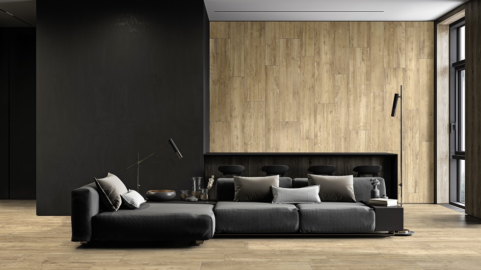 Modern, black minimalist interior with kitchen, sofa, wood floor, wall panels and marble kitchen island. 3d render illustration mock up.