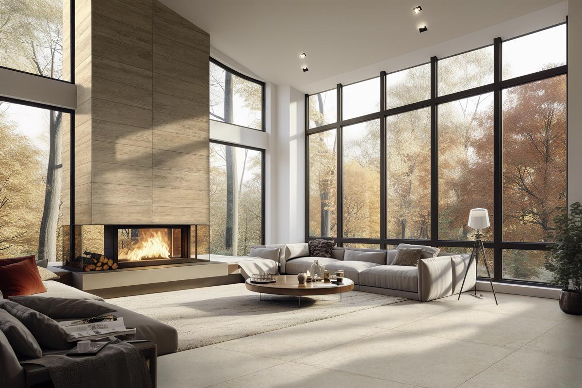 Beautiful living room interior in new luxury home with open concept floor plan. Shows wall of windows with amazing exterior, sofa & fire place